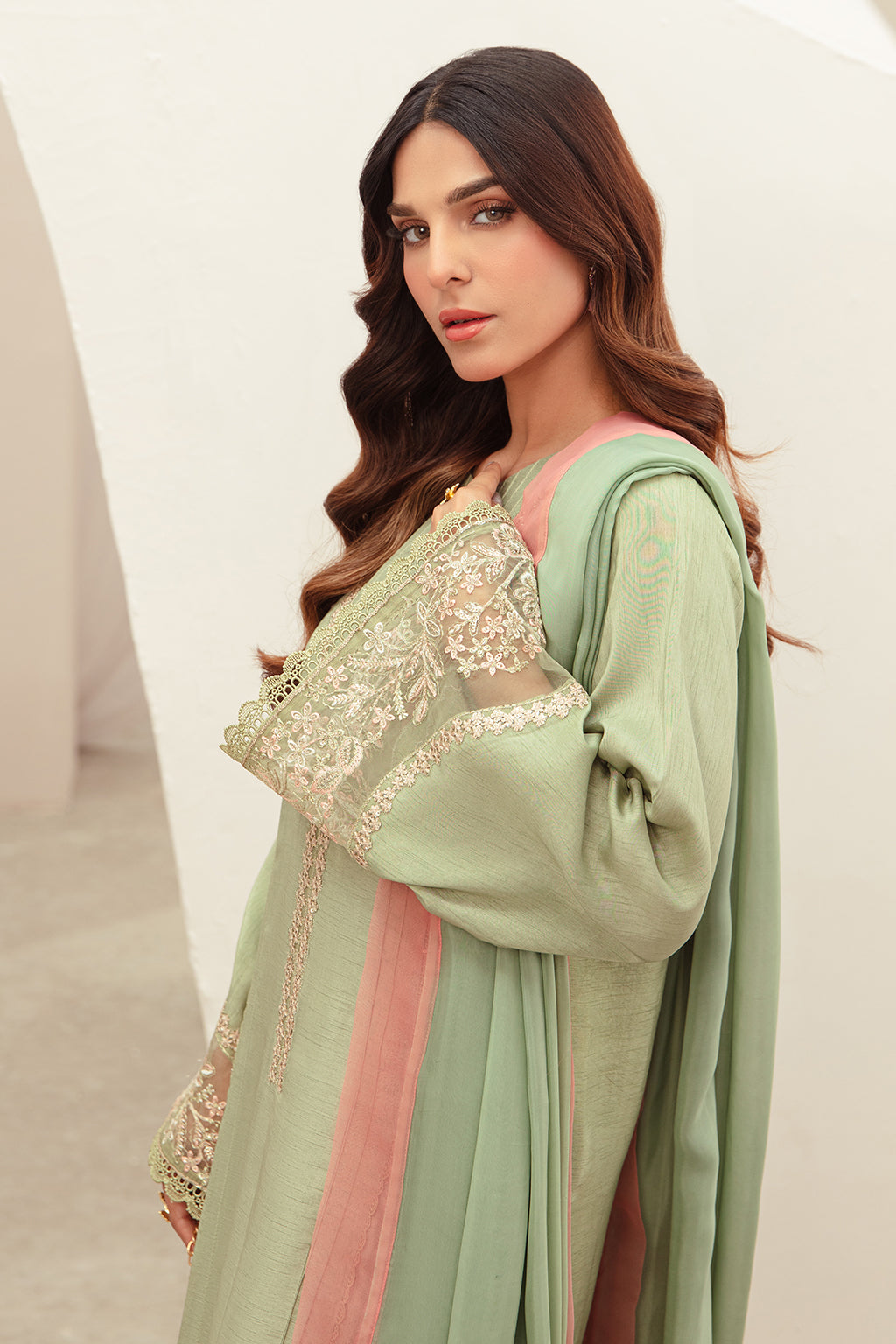 Mint Green Embroidered Korean Raw Silk Salwar Kameez (3-Piece) - Image 4
