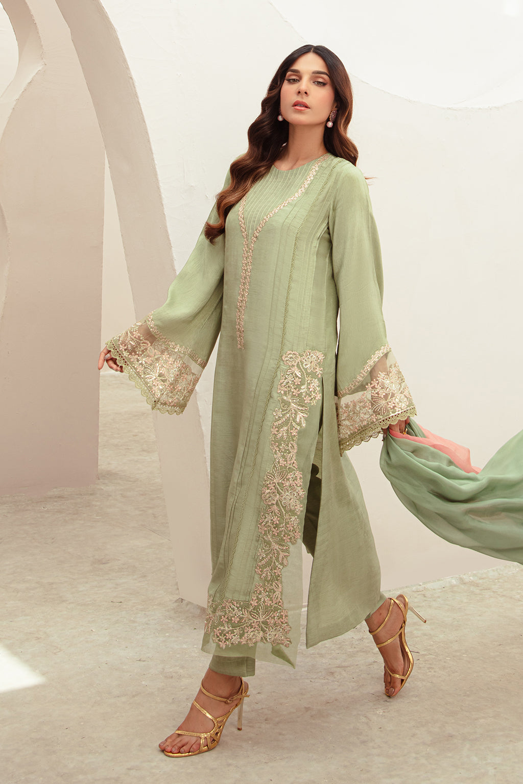 Mint Green Embroidered Korean Raw Silk Salwar Kameez (3-Piece) - Image 5