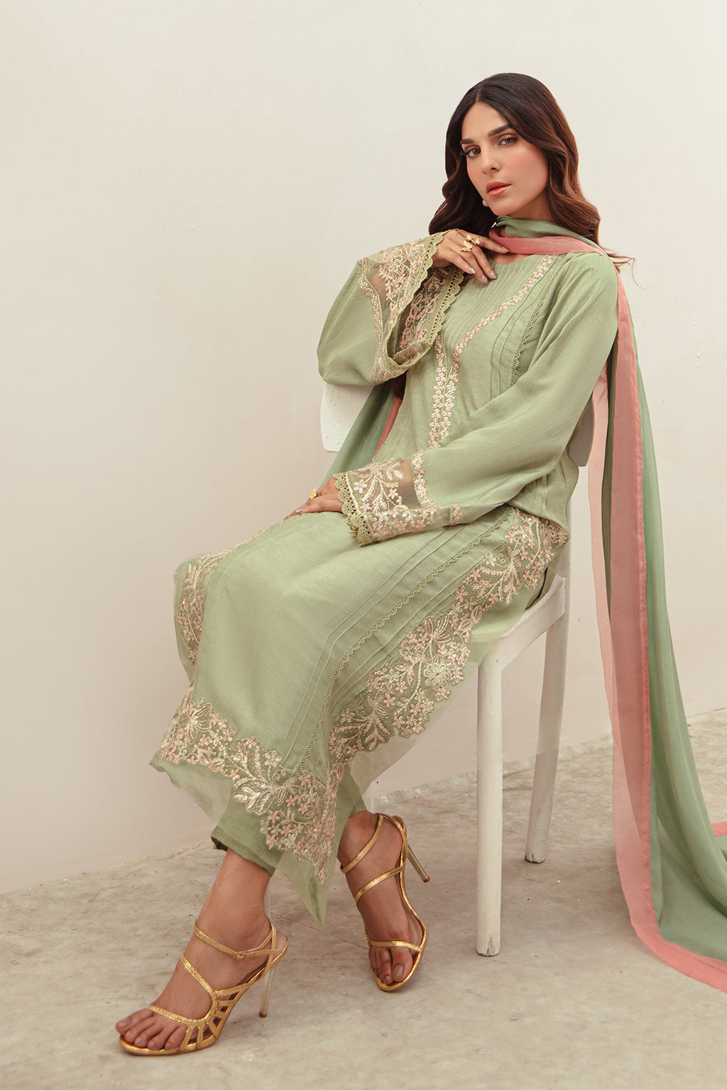 Mint Green Embroidered Korean Raw Silk Salwar Kameez (3-Piece) - Image 6