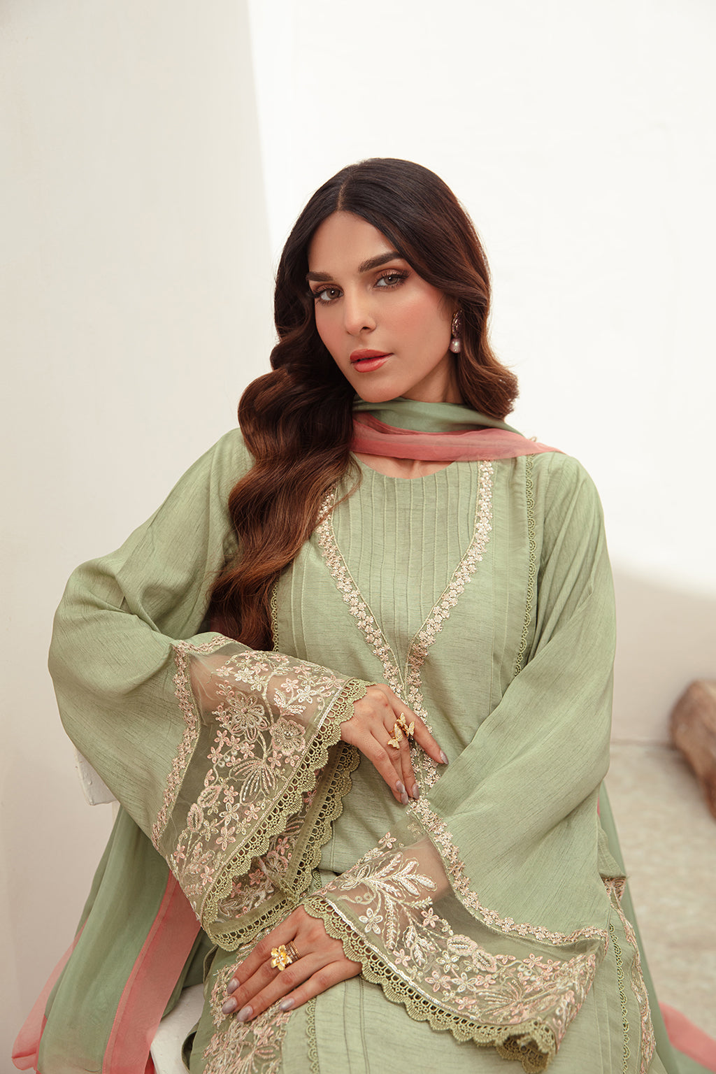 Mint Green Embroidered Korean Raw Silk Salwar Kameez (3-Piece) - Image 7