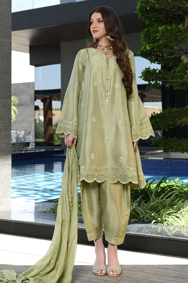 Olive Green Embroidered Raw Silk Salwar Kameez (3-Piece) - Image 1