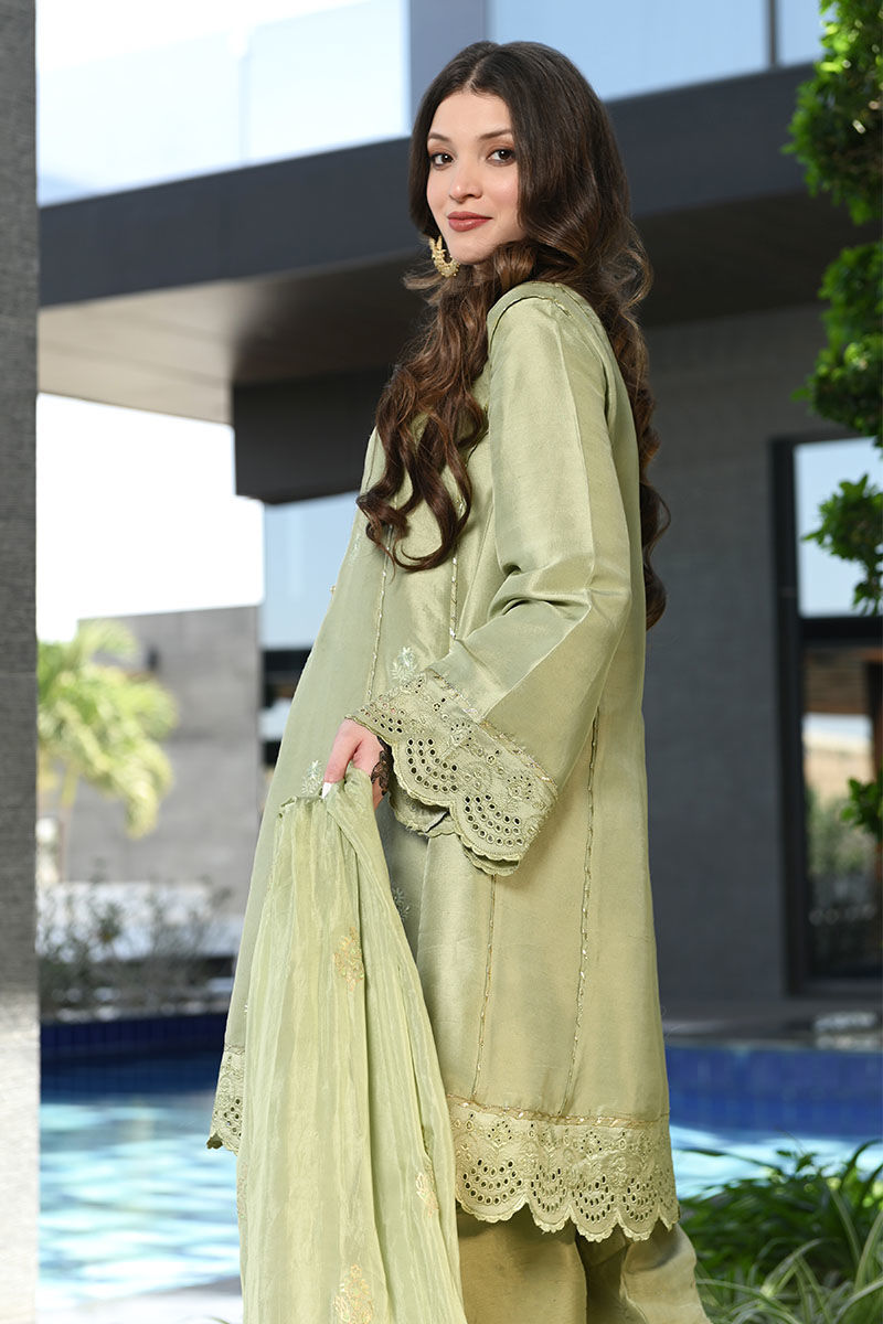 Olive Green Embroidered Raw Silk Salwar Kameez (3-Piece) - Image 4