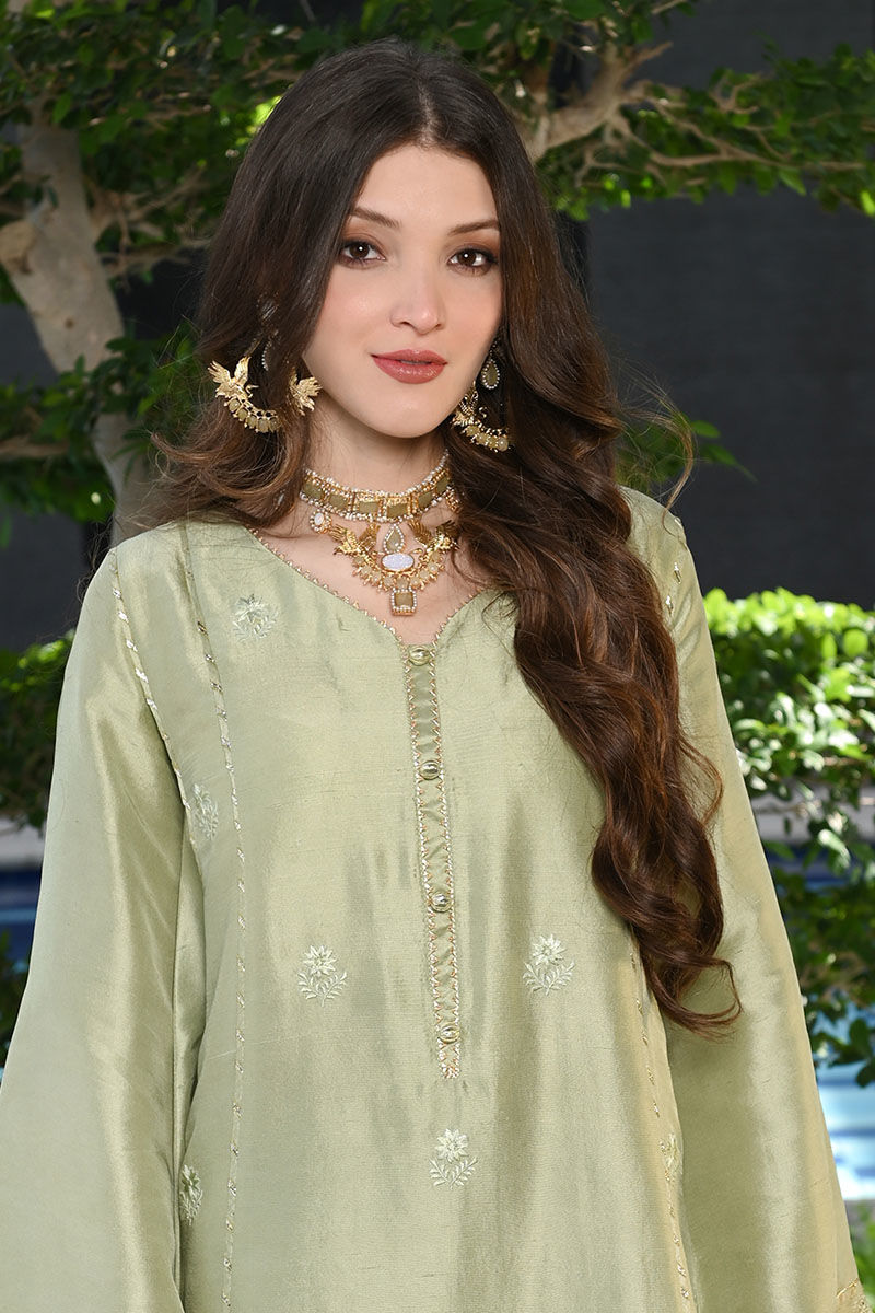Olive Green Embroidered Raw Silk Salwar Kameez (3-Piece) - Image 5