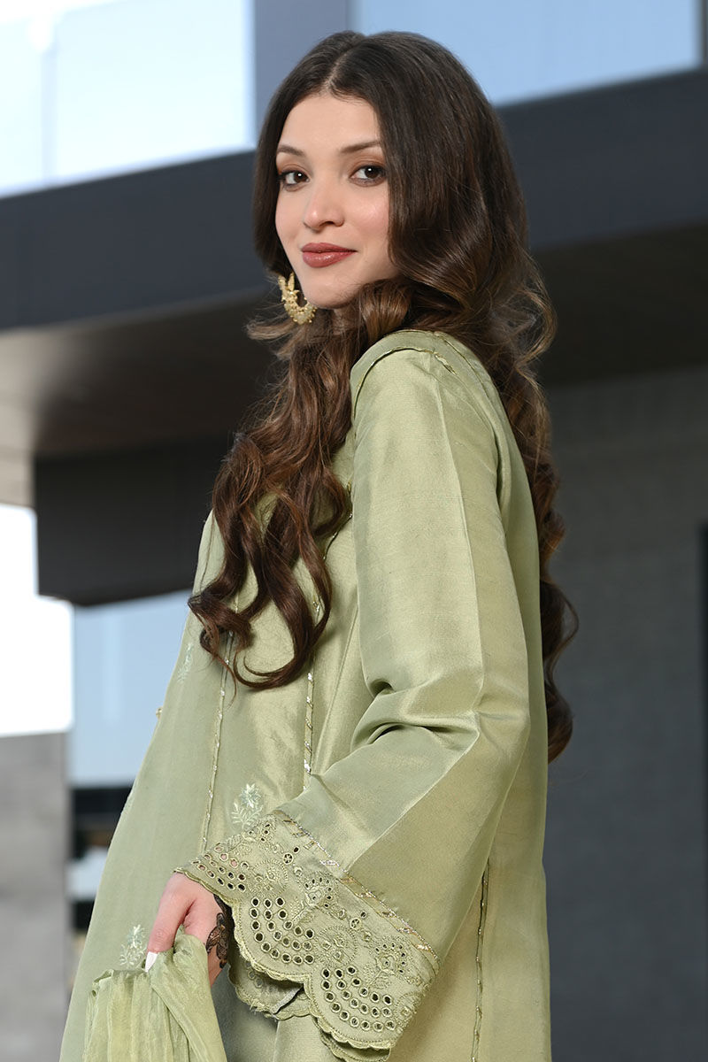Olive Green Embroidered Raw Silk Salwar Kameez (3-Piece) - Image 6
