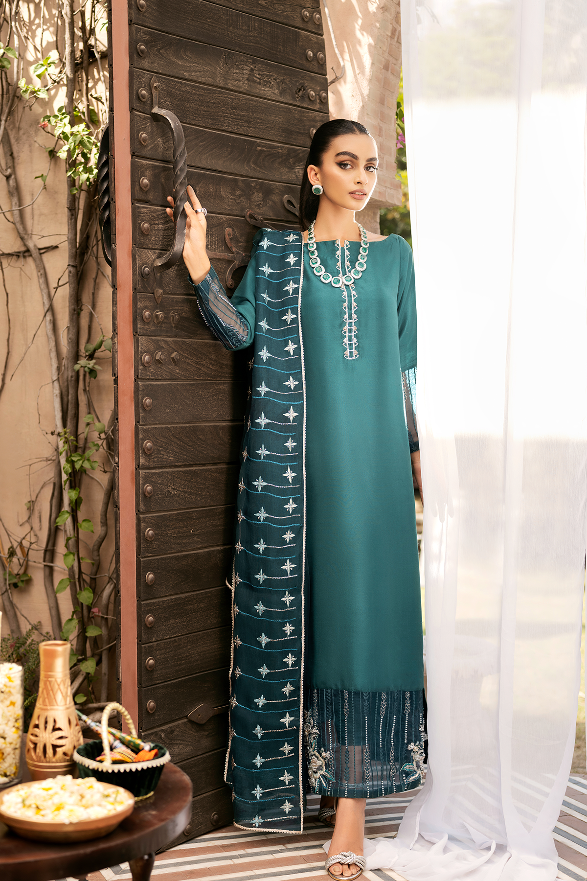 Pakistani Emerald Green Embroidered Raw Silk Salwar Kameez (3-Piece) - Image 1