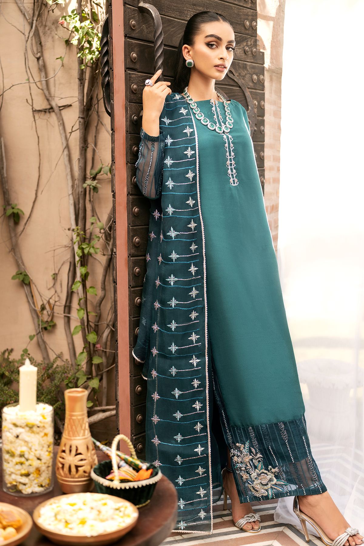 Pakistani Emerald Green Embroidered Raw Silk Salwar Kameez (3-Piece) - Image 2