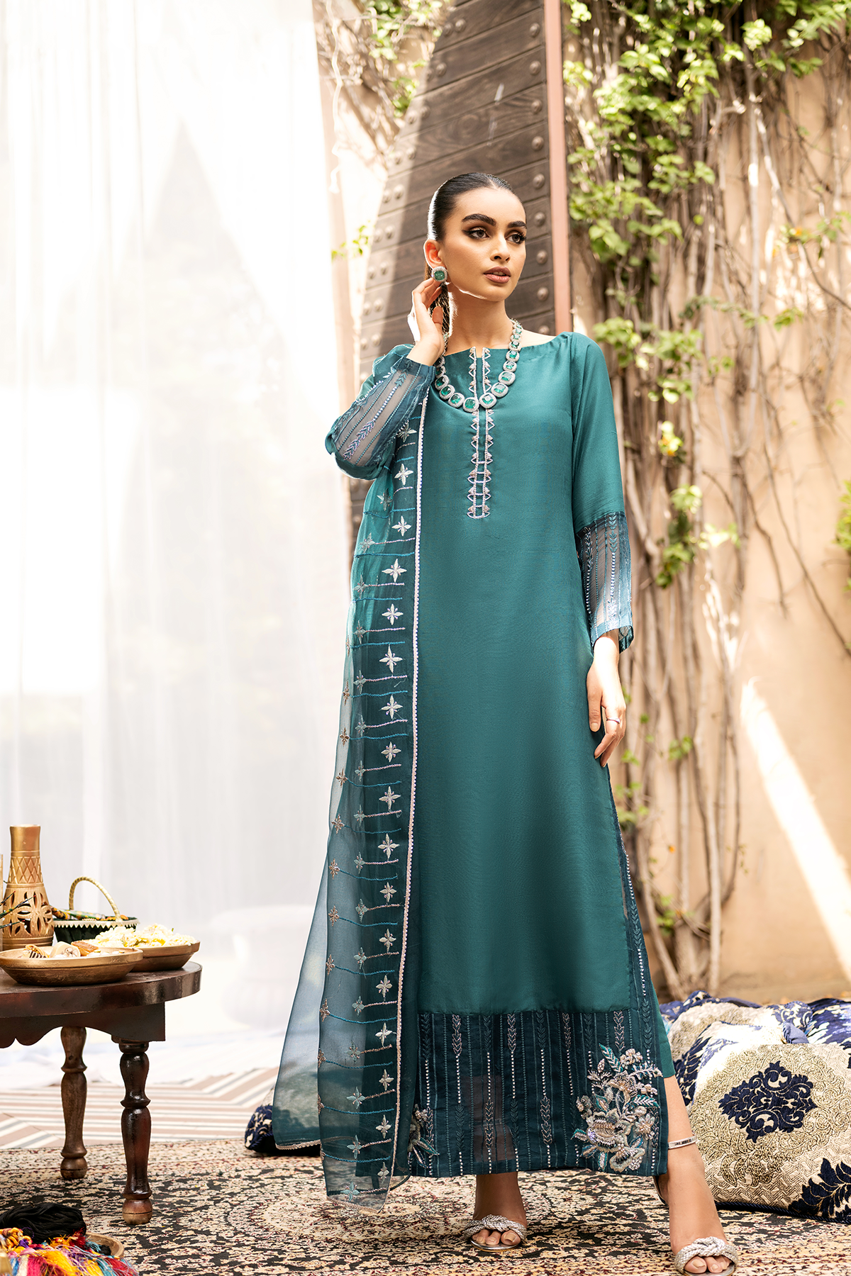 Pakistani Emerald Green Embroidered Raw Silk Salwar Kameez (3-Piece) - Image 3