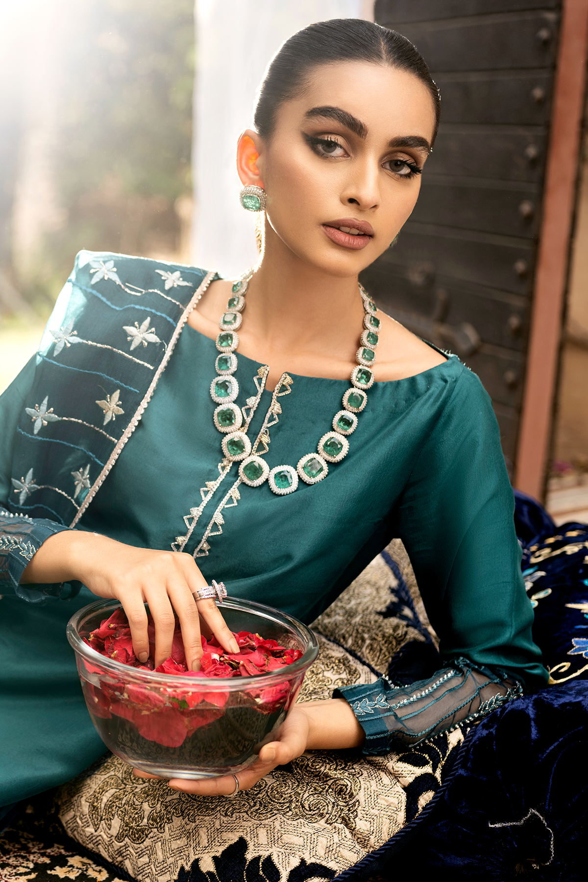 Pakistani Emerald Green Embroidered Raw Silk Salwar Kameez (3-Piece) - Image 5