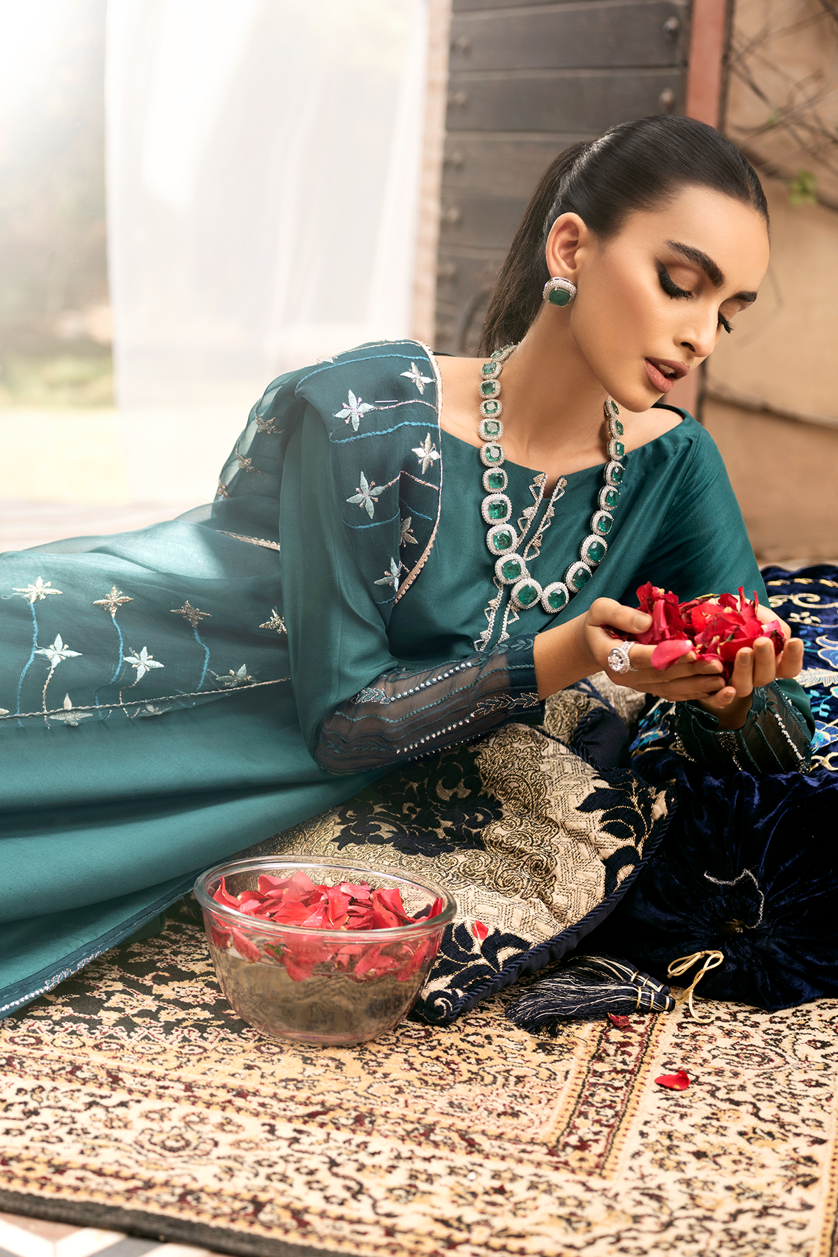 Pakistani Emerald Green Embroidered Raw Silk Salwar Kameez (3-Piece) - Image 6