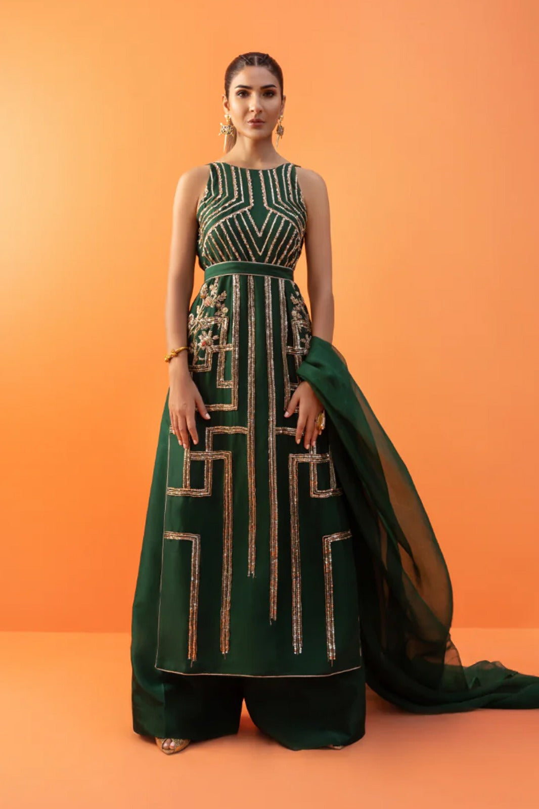 Pakistani Dark Green Sequined Raw Silk Salwar Kameez (3-Piece) - Image 1