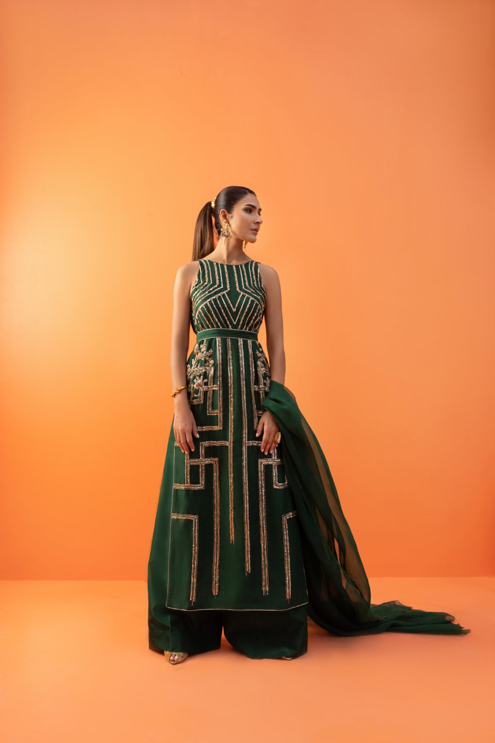 Pakistani Dark Green Sequined Raw Silk Salwar Kameez (3-Piece) - Image 2