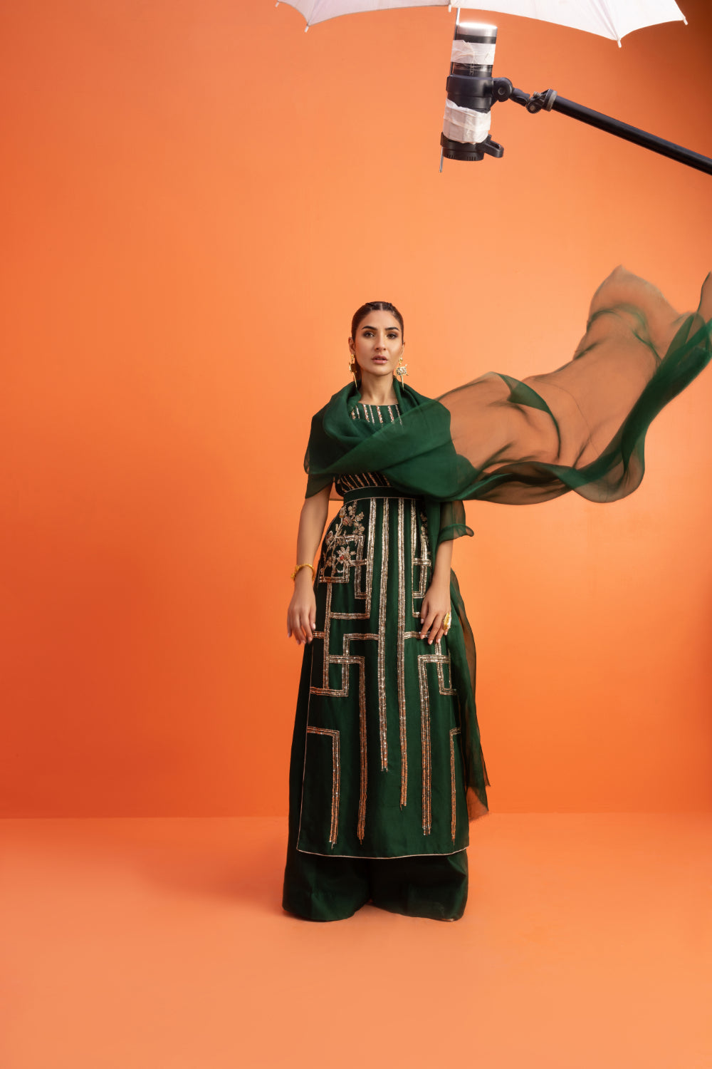 Pakistani Dark Green Sequined Raw Silk Salwar Kameez (3-Piece) - Image 3