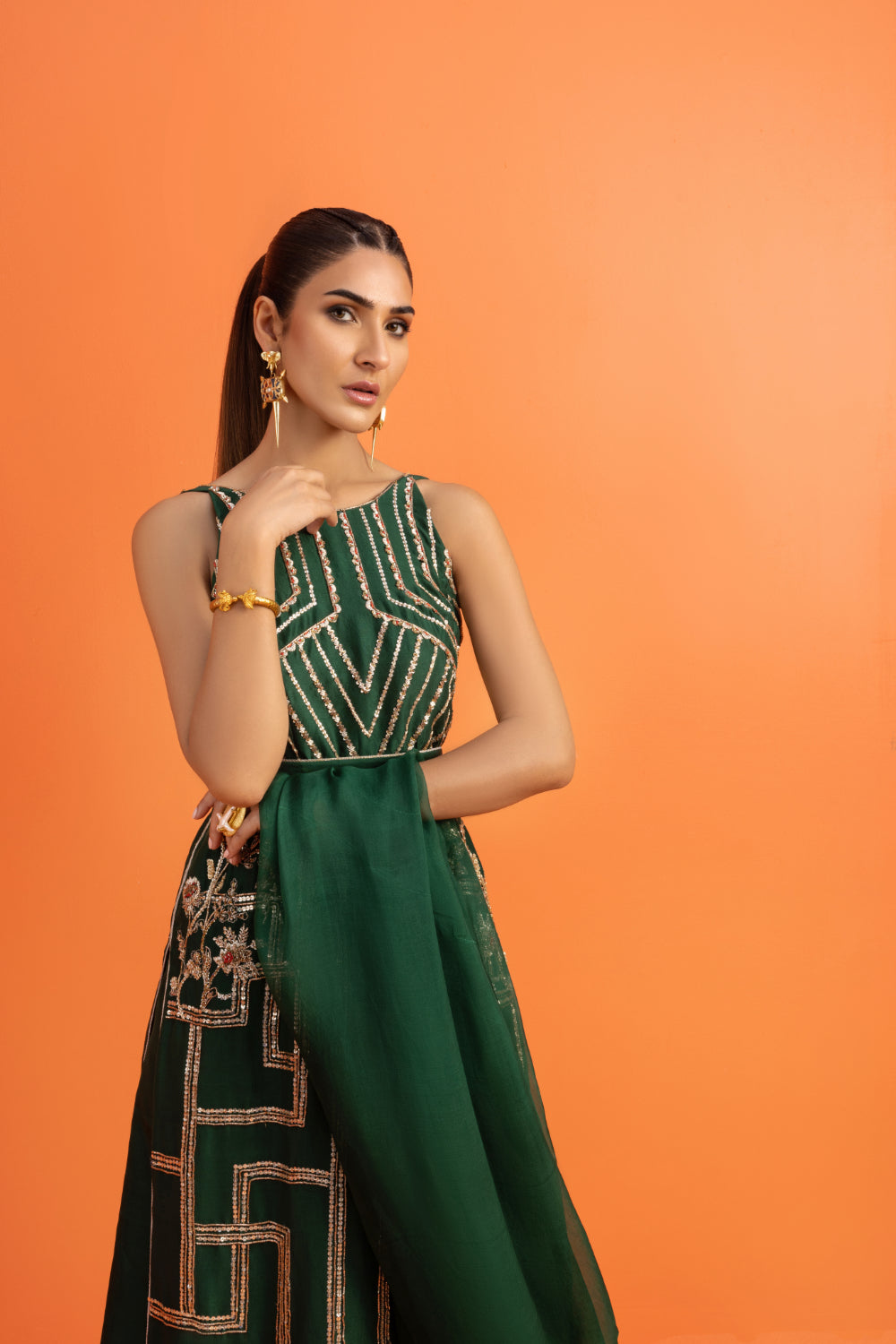 Pakistani Dark Green Sequined Raw Silk Salwar Kameez (3-Piece) - Image 4