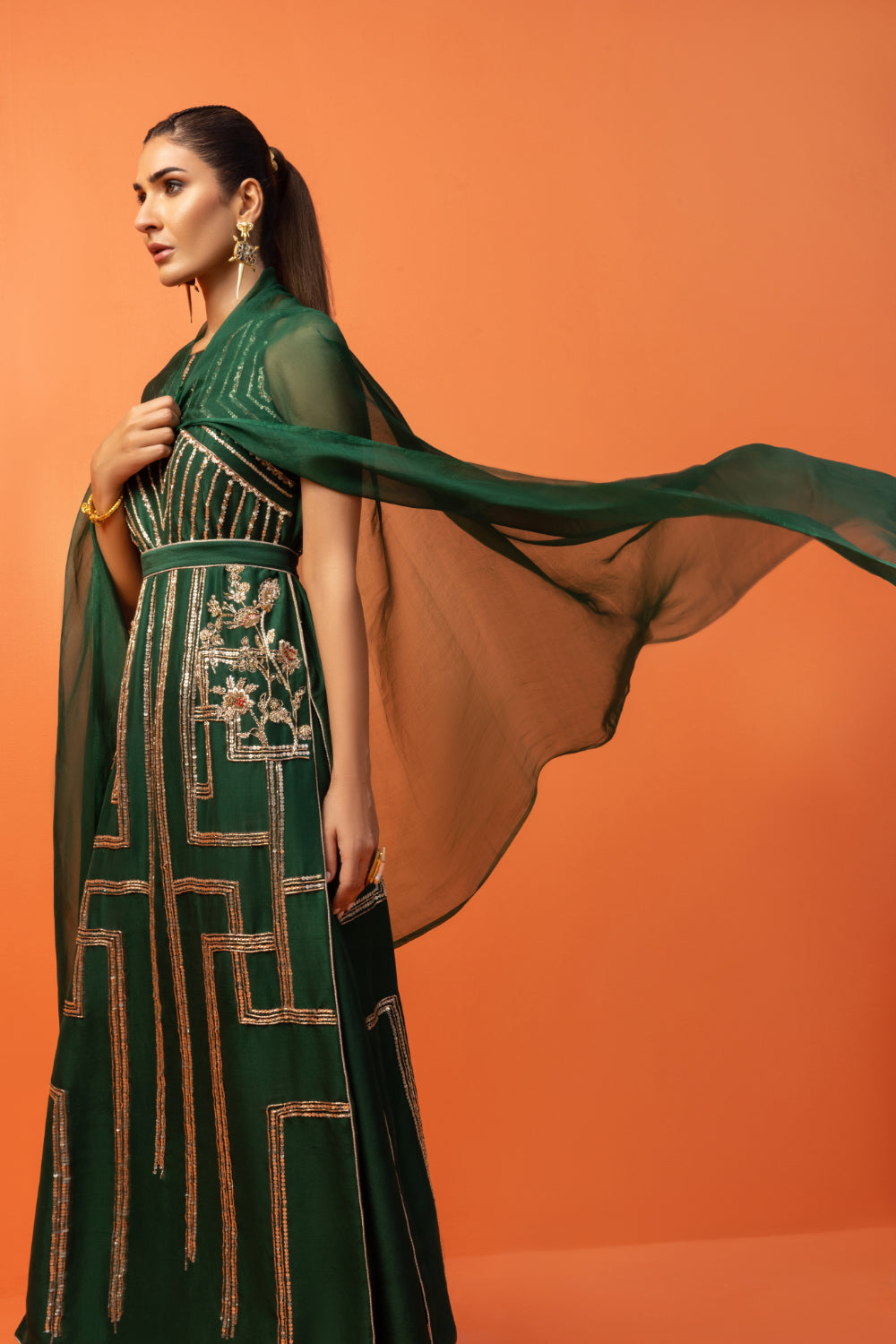 Pakistani Dark Green Sequined Raw Silk Salwar Kameez (3-Piece) - Image 5