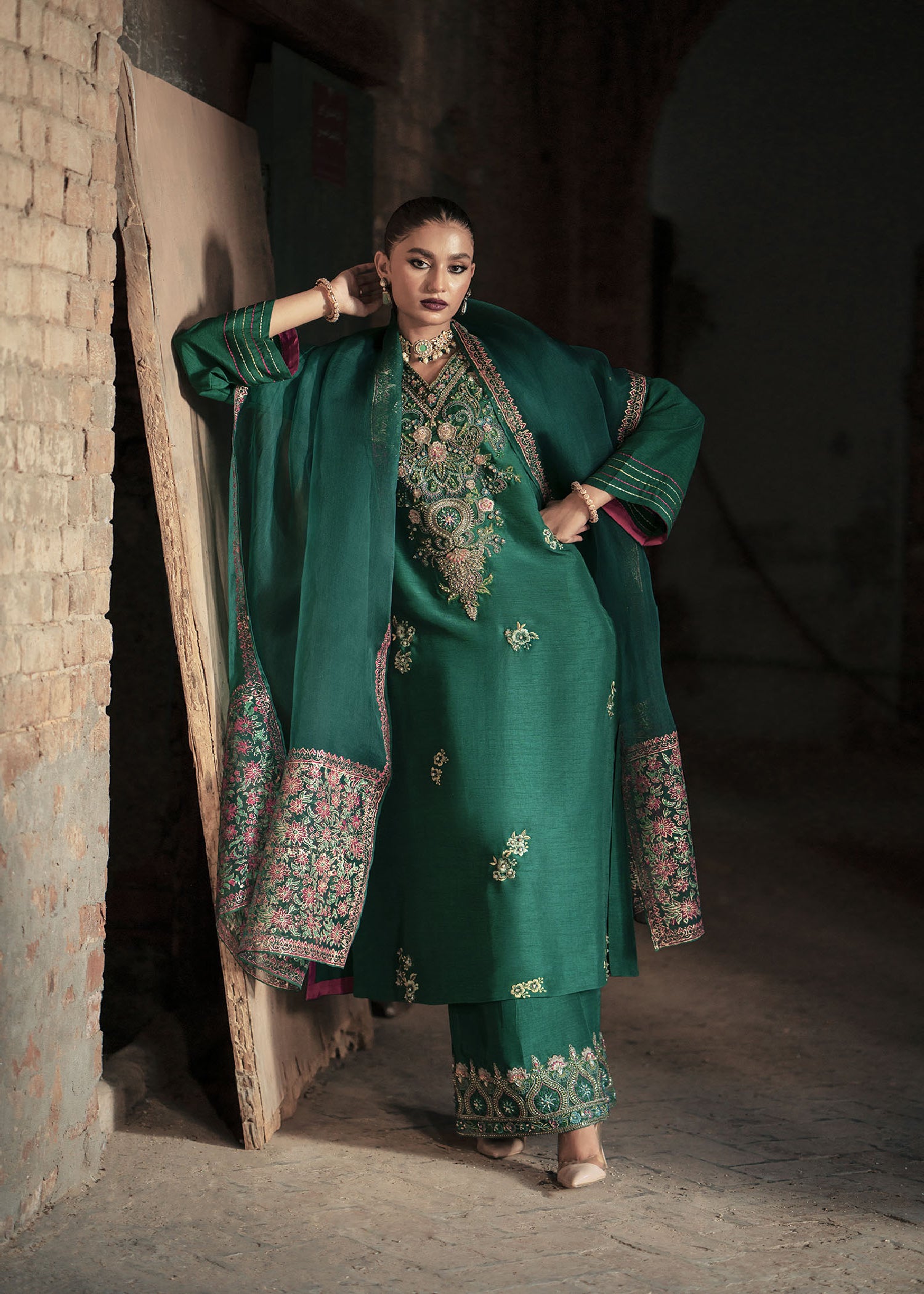 Bottle Green Embroidered Raw Silk Kurta Set (3-Piece) - Image 2