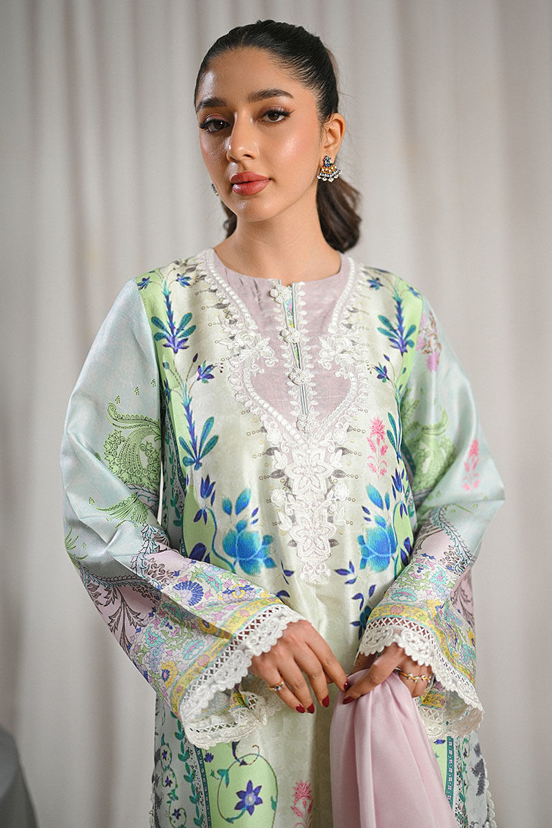 Pakistani Mint Lilac Embroidered Raw Silk A-Line Kurta (3-Piece) - Image 2