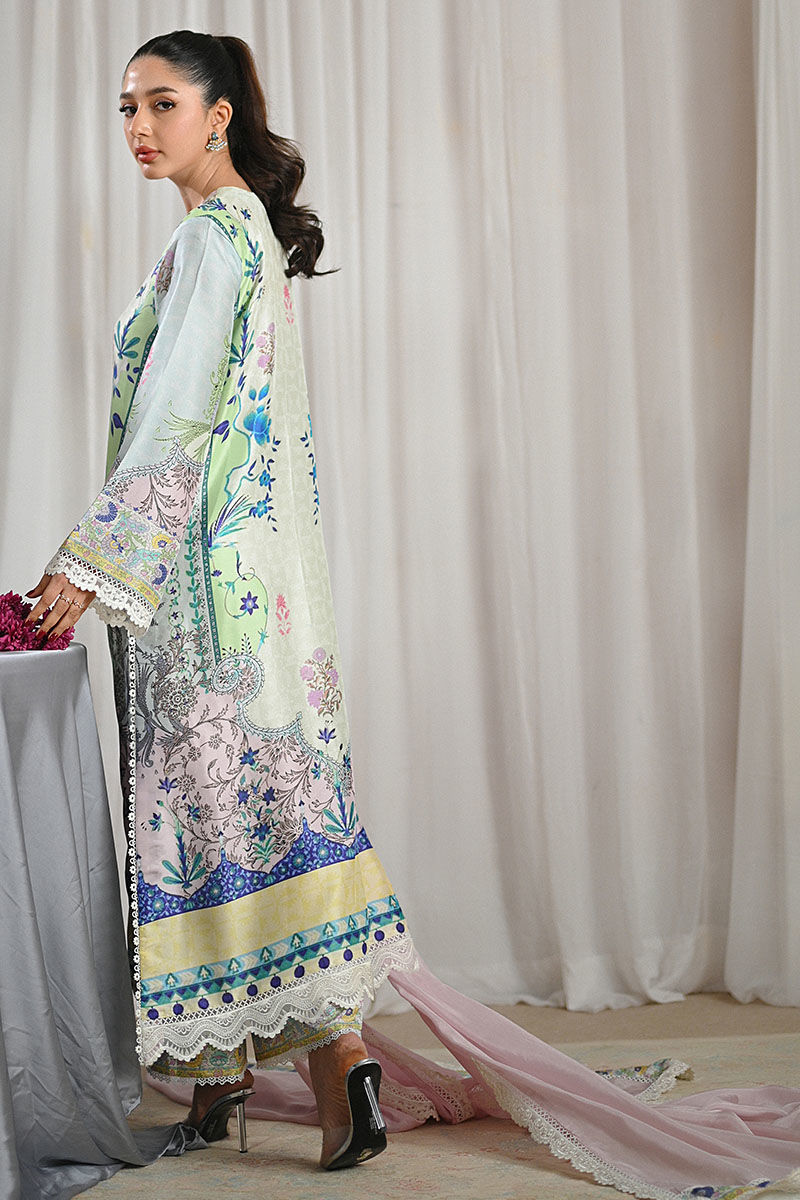 Pakistani Mint Lilac Embroidered Raw Silk A-Line Kurta (3-Piece) - Image 3