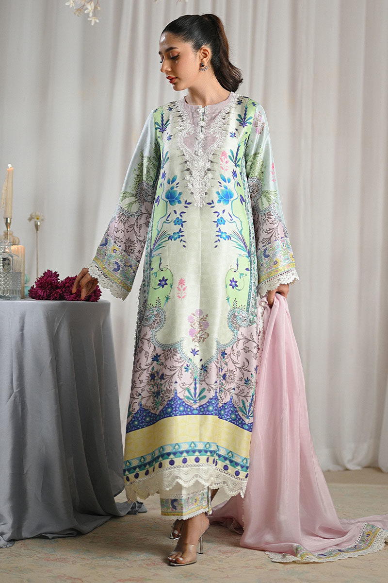 Pakistani Mint Lilac Embroidered Raw Silk A-Line Kurta (3-Piece) - Image 5