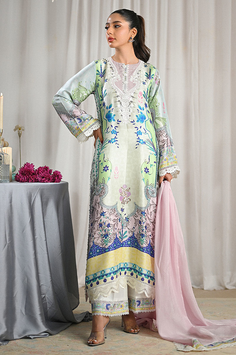 Pakistani Mint Lilac Embroidered Raw Silk A-Line Kurta (3-Piece) - Image 6