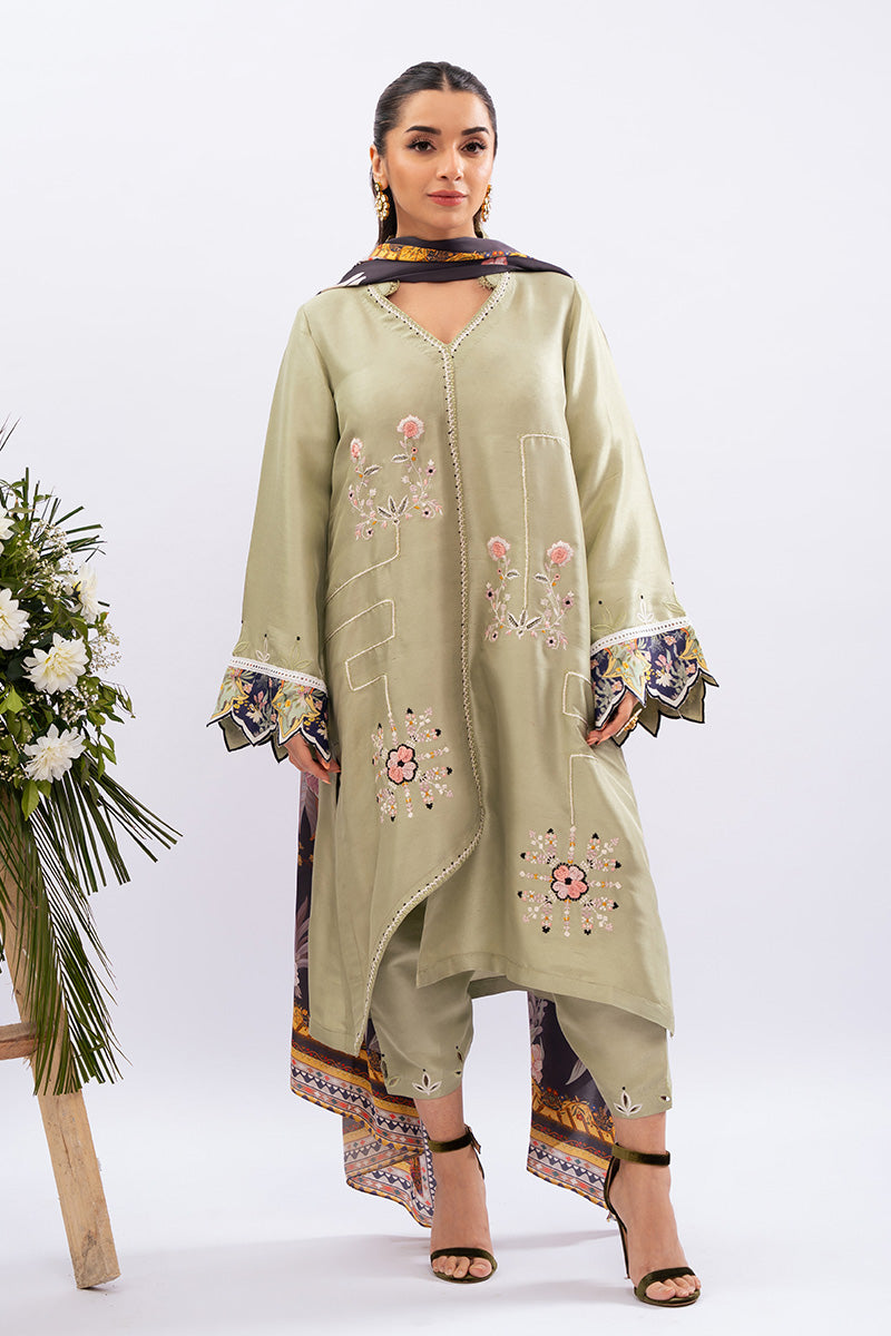 Pakistani Sage Green Embroidered Raw Silk Salwar Kameez (3-Piece) - Image 1