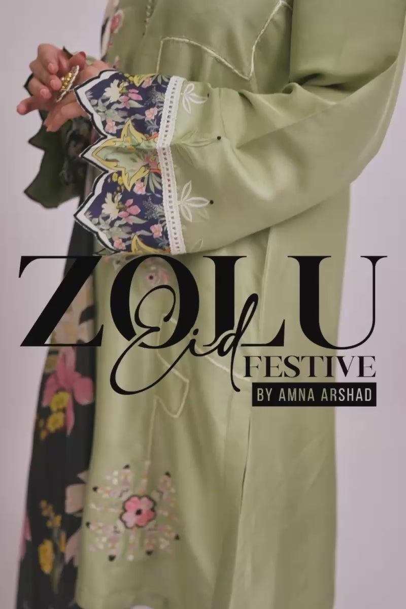 Pakistani Sage Green Embroidered Raw Silk Salwar Kameez (3-Piece) - Image 10