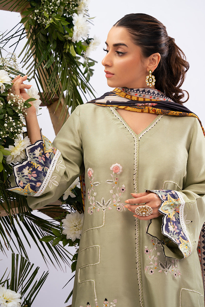 Pakistani Sage Green Embroidered Raw Silk Salwar Kameez (3-Piece) - Image 2