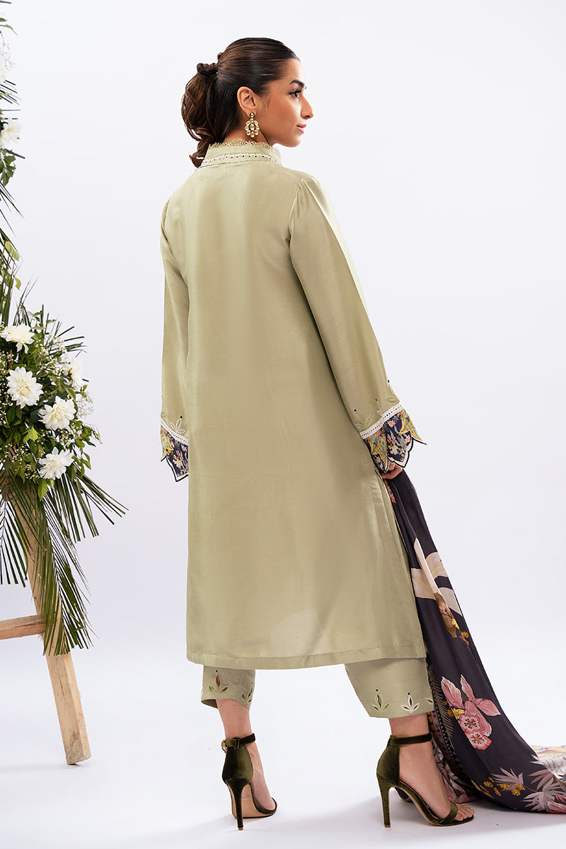 Sage Green Embroidered Raw Silk Salwar Kameez (3-Piece) - Image 3