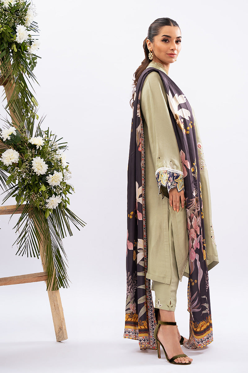 Sage Green Embroidered Raw Silk Salwar Kameez (3-Piece) - Image 5