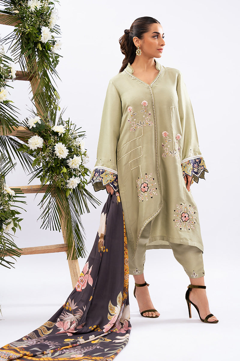 Sage Green Embroidered Raw Silk Salwar Kameez (3-Piece) - Image 6