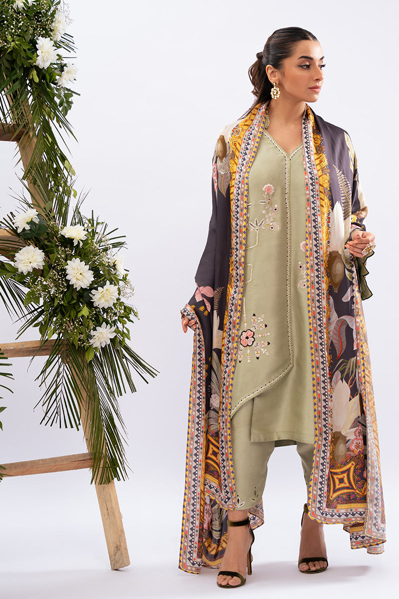 Sage Green Embroidered Raw Silk Salwar Kameez (3-Piece) - Image 8