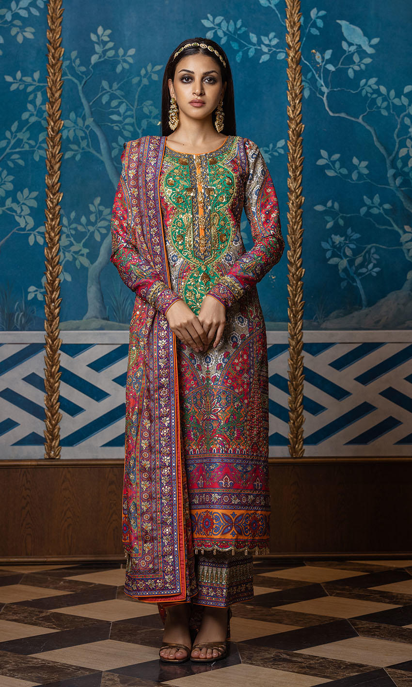 Multi Embroidered Raw Silk Salwar Kameez (3-Piece) - Image 1