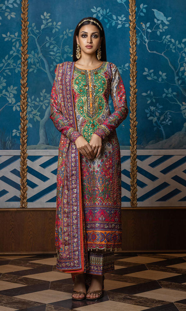 Multi Embroidered Raw Silk Salwar Kameez (3-Piece) - Image 2