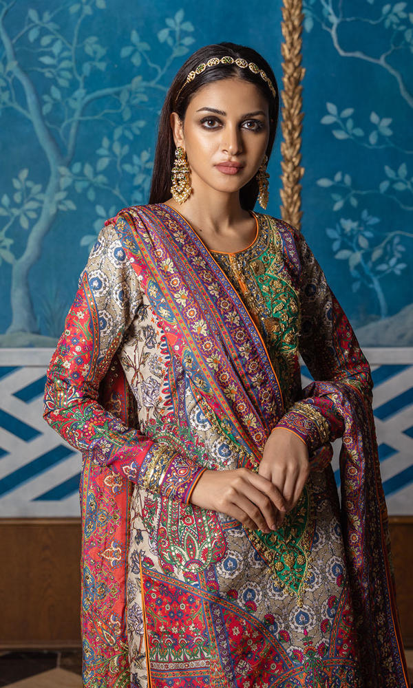 Multi Embroidered Raw Silk Salwar Kameez (3-Piece) - Image 3