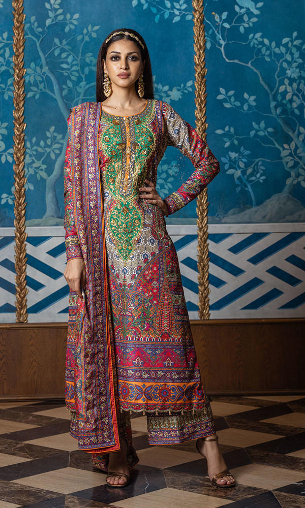 Multi Embroidered Raw Silk Salwar Kameez (3-Piece) - Image 4