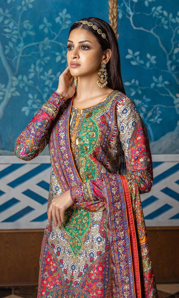 Multi Embroidered Raw Silk Salwar Kameez (3-Piece) - Image 5