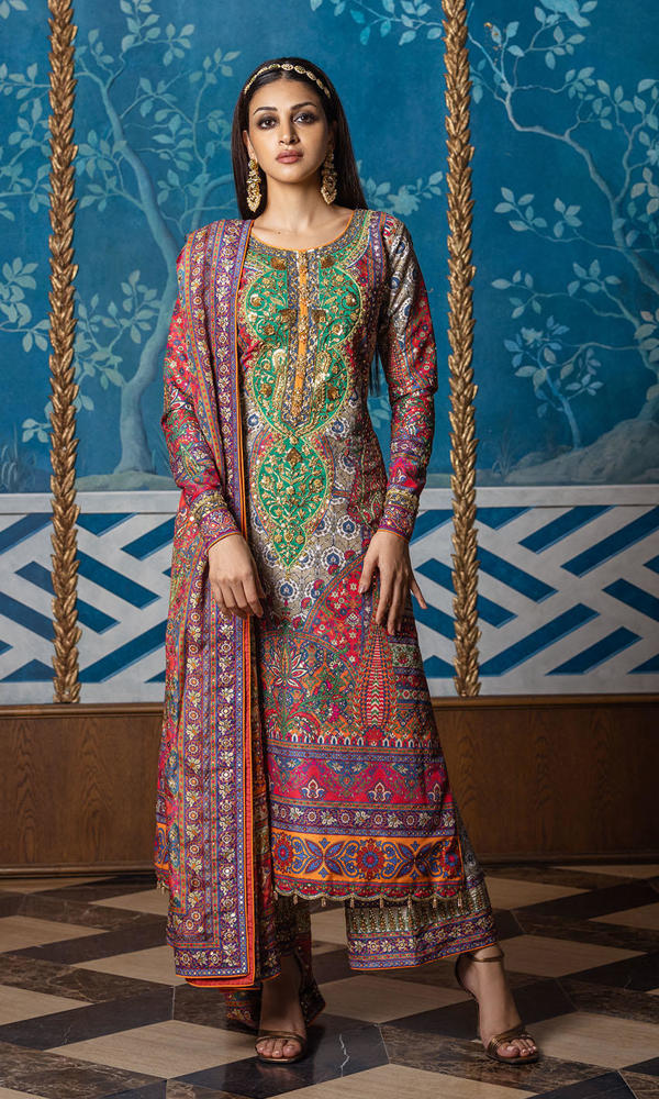 Multi Embroidered Raw Silk Salwar Kameez (3-Piece) - Image 6