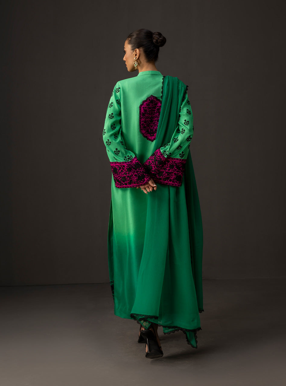 Pakistani Emerald Embroidered Raw Silk Salwar Kameez (3-Piece) - Image 3