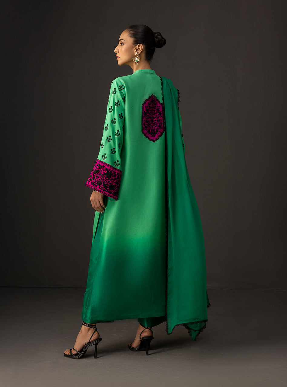 Pakistani Emerald Embroidered Raw Silk Salwar Kameez (3-Piece) - Image 7