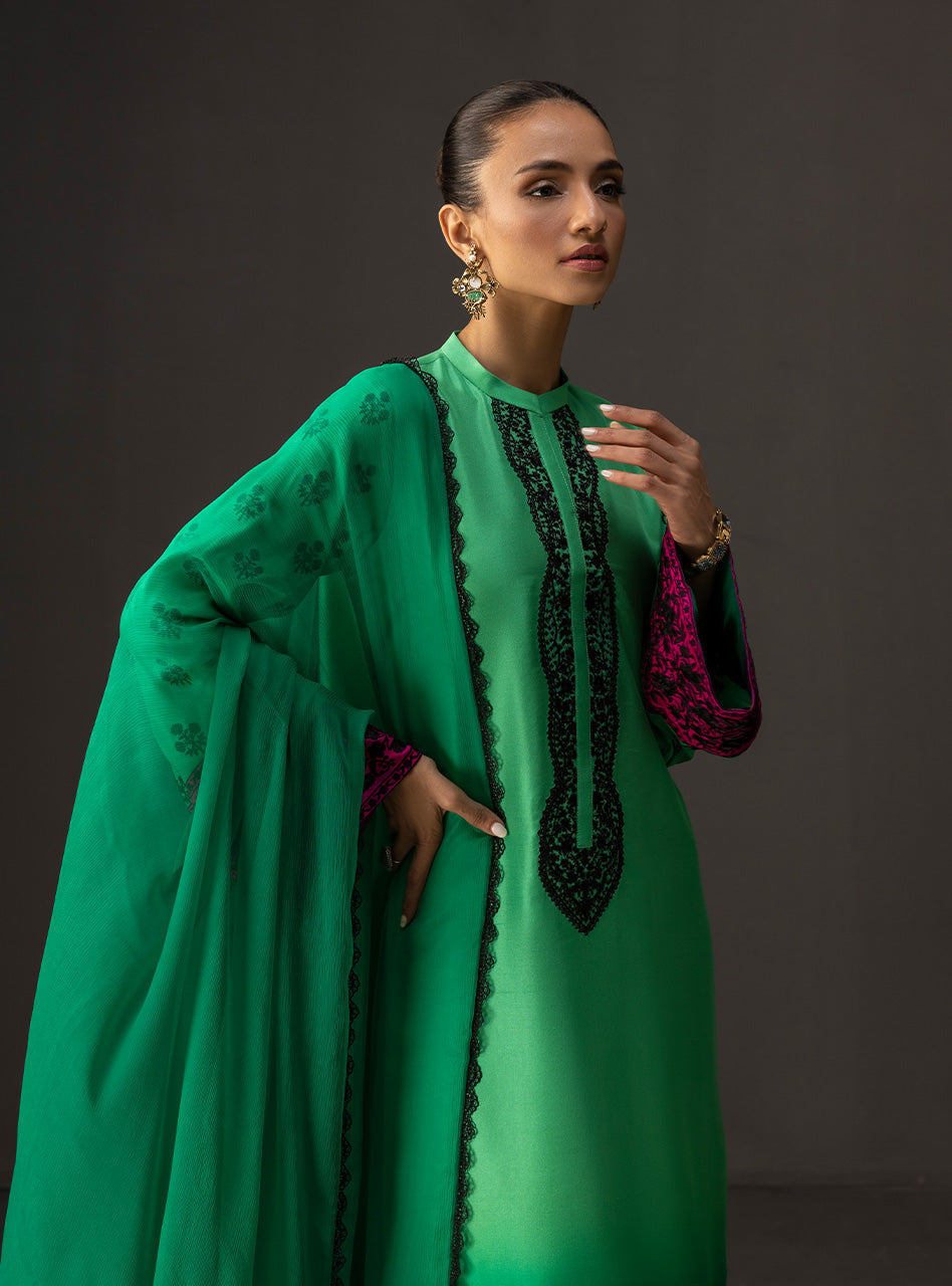 Emerald Embroidered Raw Silk 3-Piece Suit - Image 2