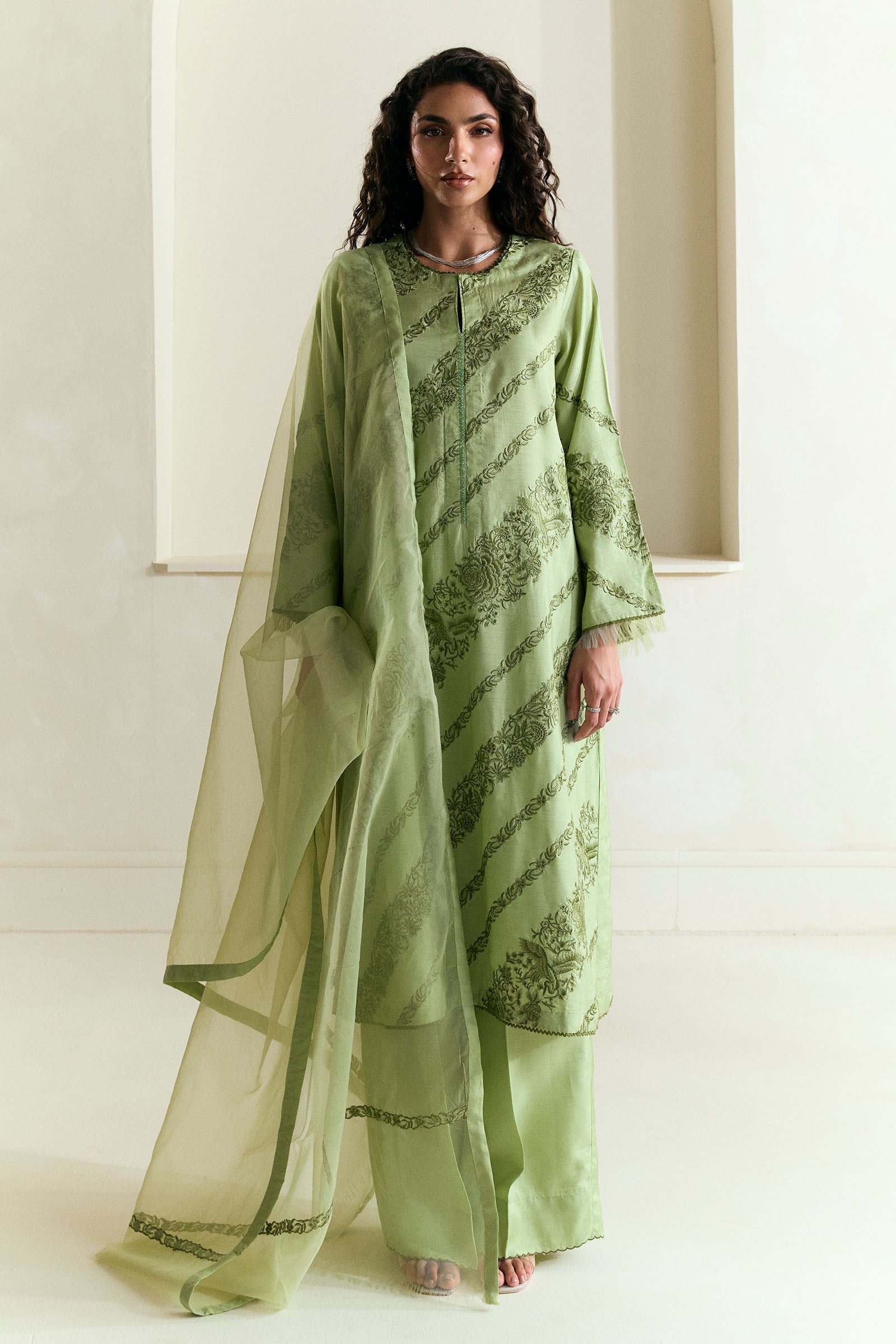 Mint Green Embroidered Raw Silk Salwar Kameez (3-Piece) - Image 1