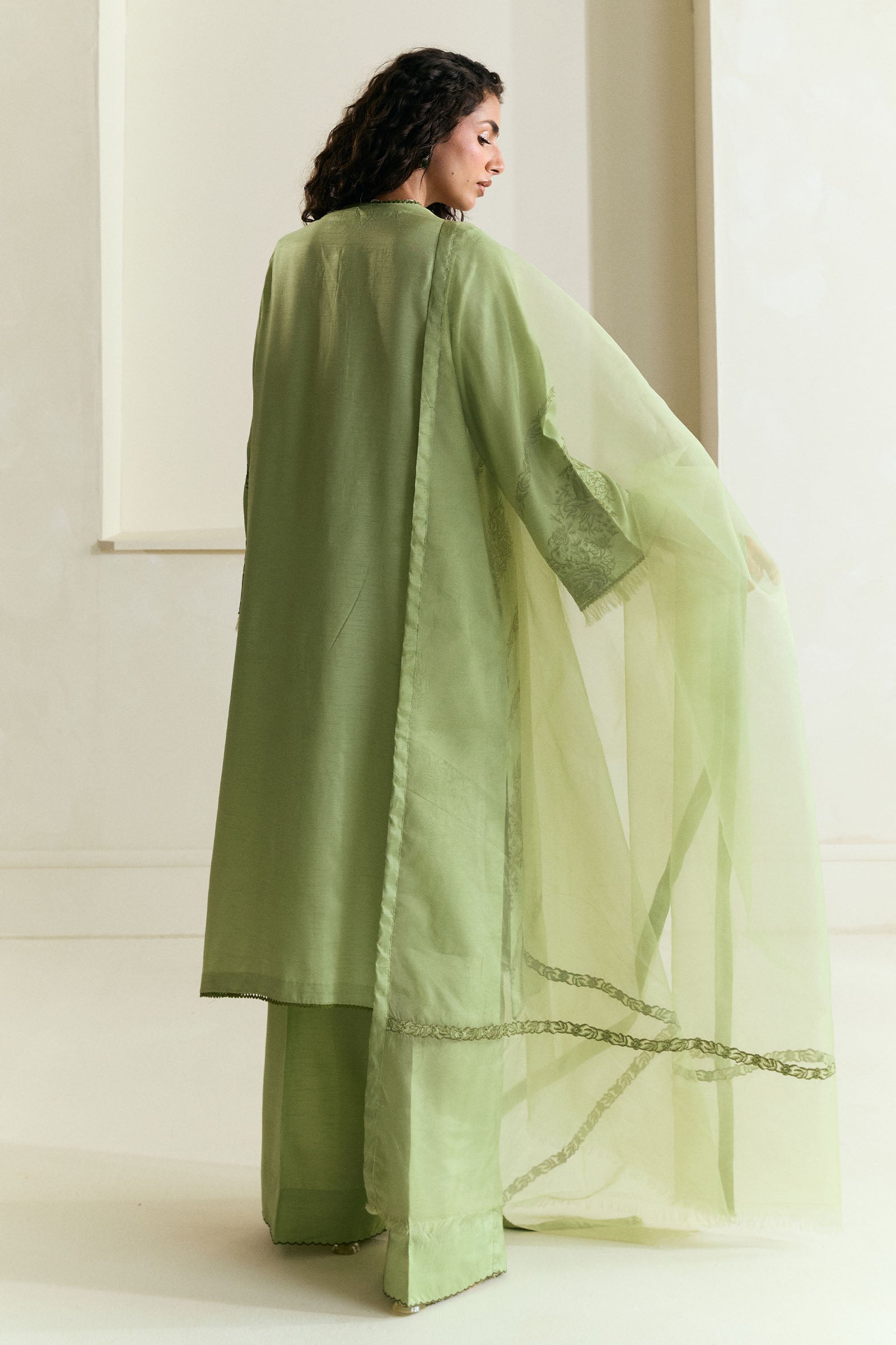 Mint Green Embroidered Raw Silk Salwar Kameez (3-Piece) - Image 2