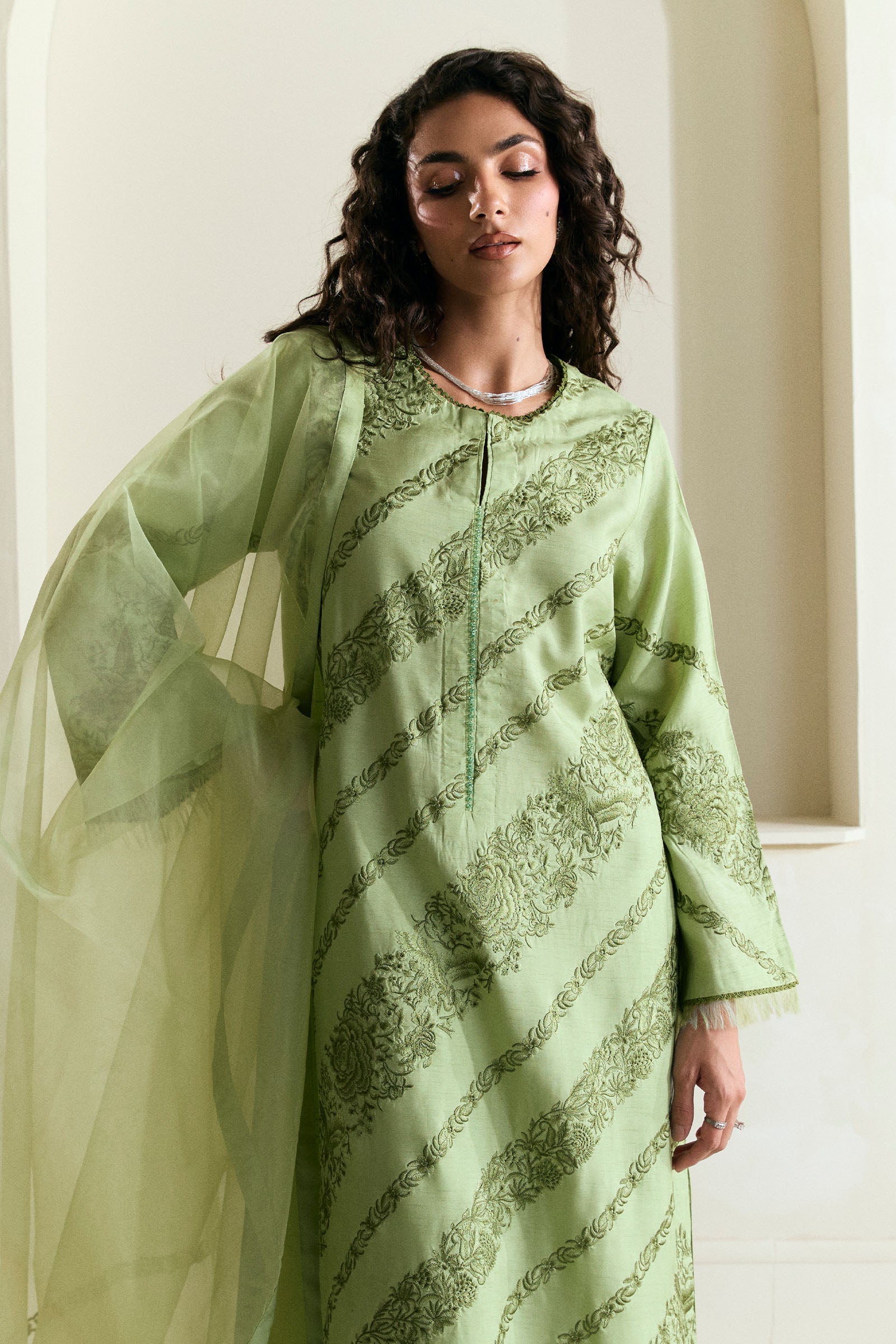 Mint Green Embroidered Raw Silk Salwar Kameez (3-Piece) - Image 3