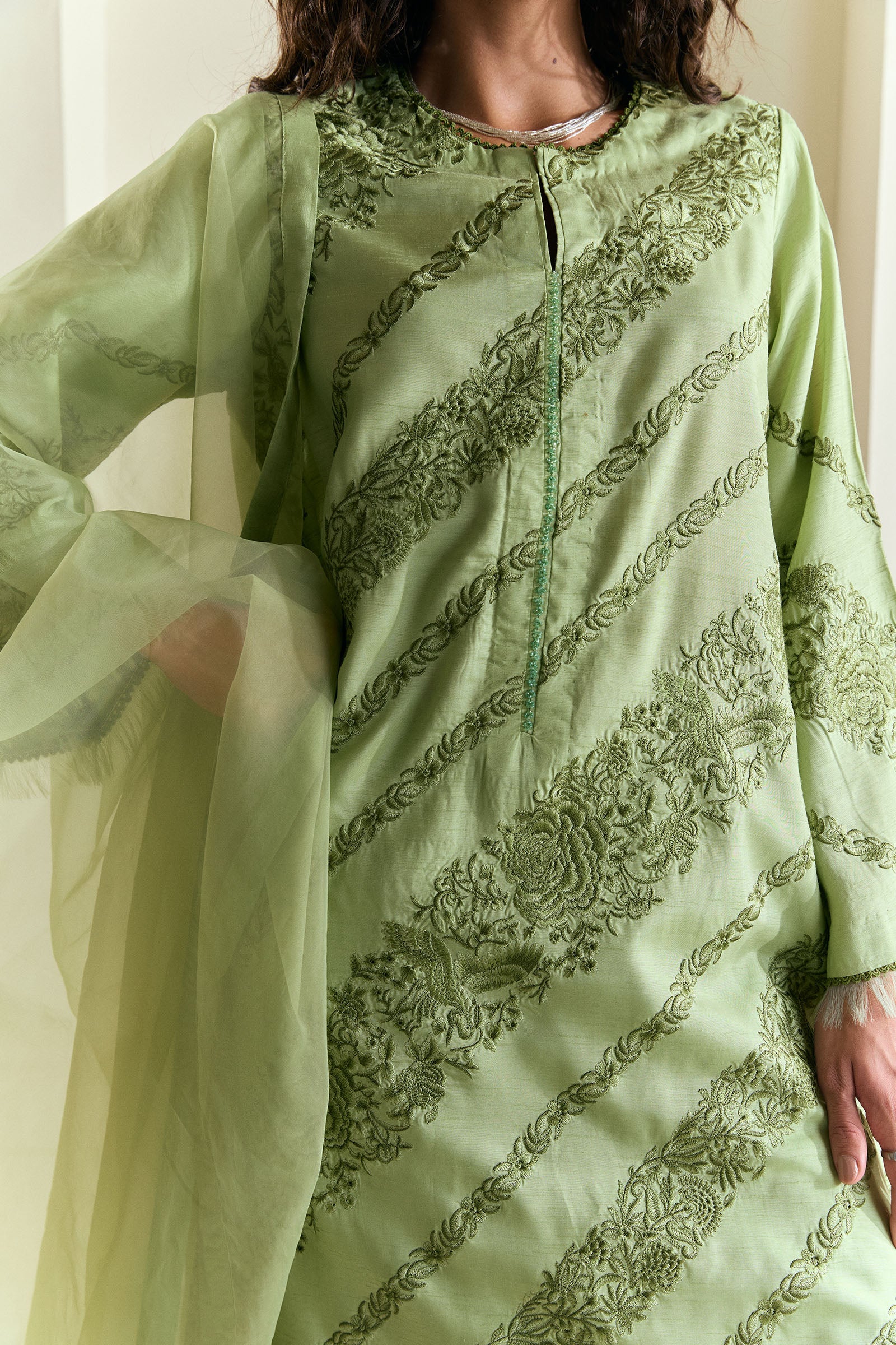 Mint Green Embroidered Raw Silk Salwar Kameez (3-Piece) - Image 4