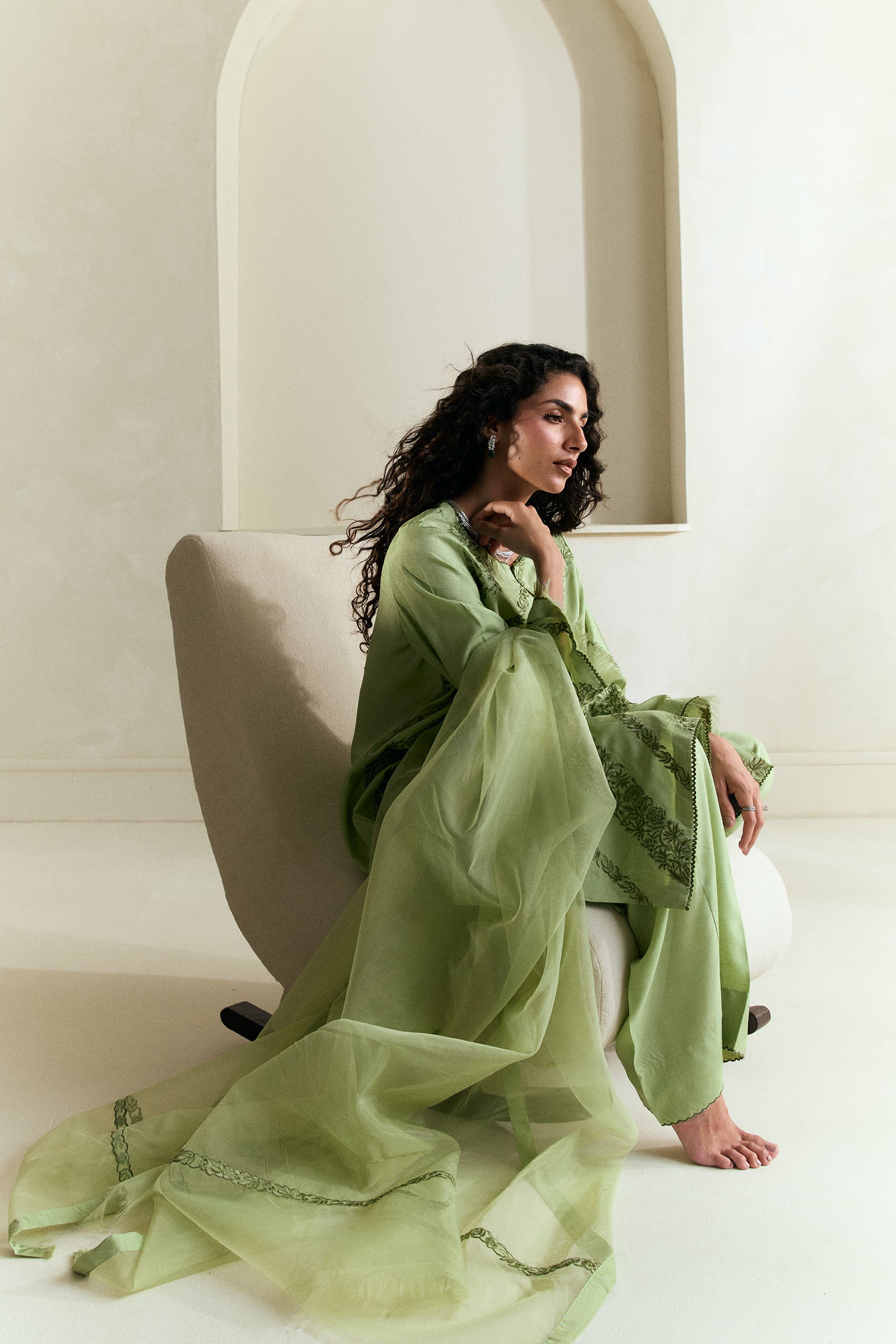 Mint Green Embroidered Raw Silk Salwar Kameez (3-Piece) - Image 5