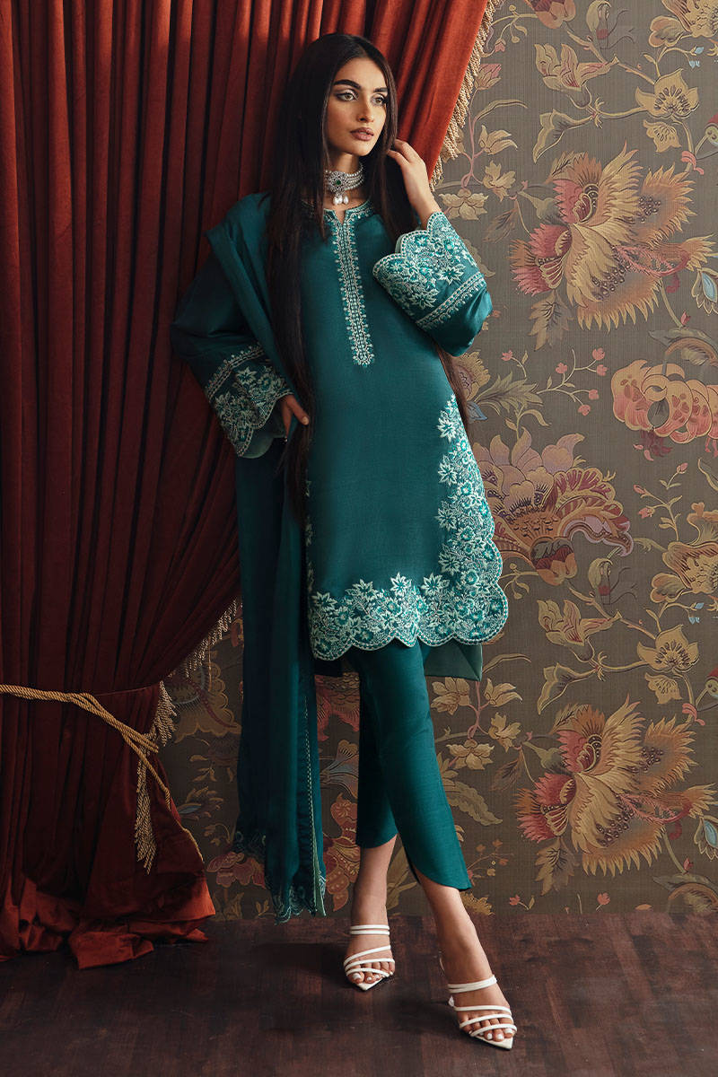 Sea Green Embroidered Raw Silk Salwar Kameez (3-Piece) - Image 1