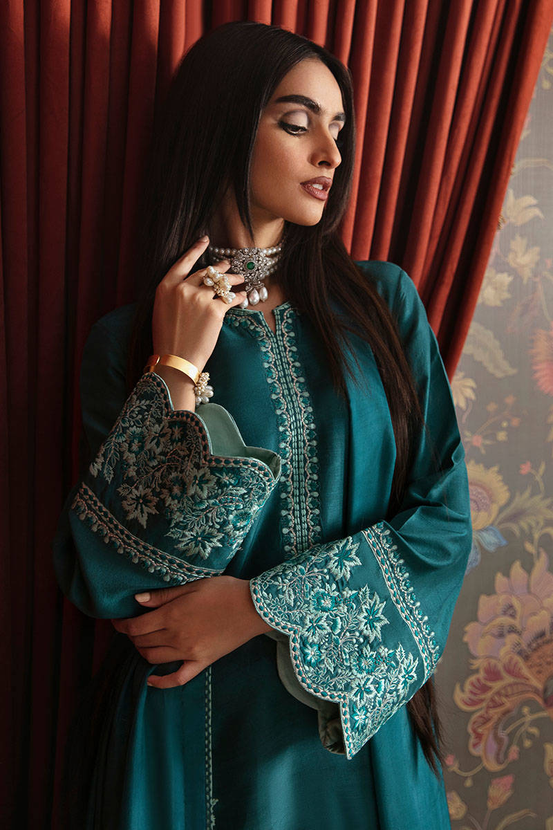 Sea Green Embroidered Raw Silk Salwar Kameez (3-Piece) - Image 6