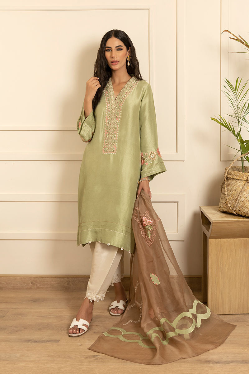Pakistani Tea Green Embroidered Raw Silk Salwar Kameez (3-Piece) - Image 1
