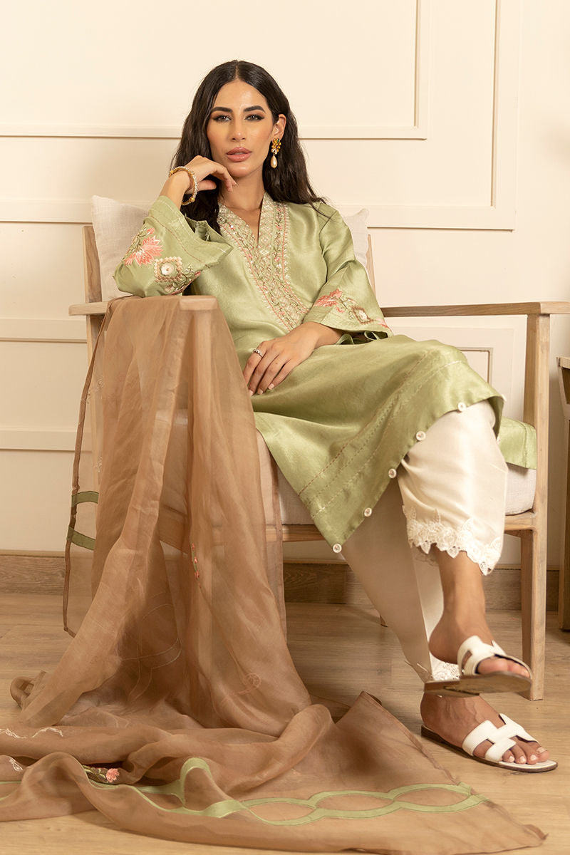 Pakistani Tea Green Embroidered Raw Silk Salwar Kameez (3-Piece) - Image 2