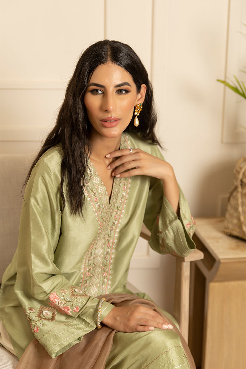 Pakistani Tea Green Embroidered Raw Silk Salwar Kameez (3-Piece) - Image 3