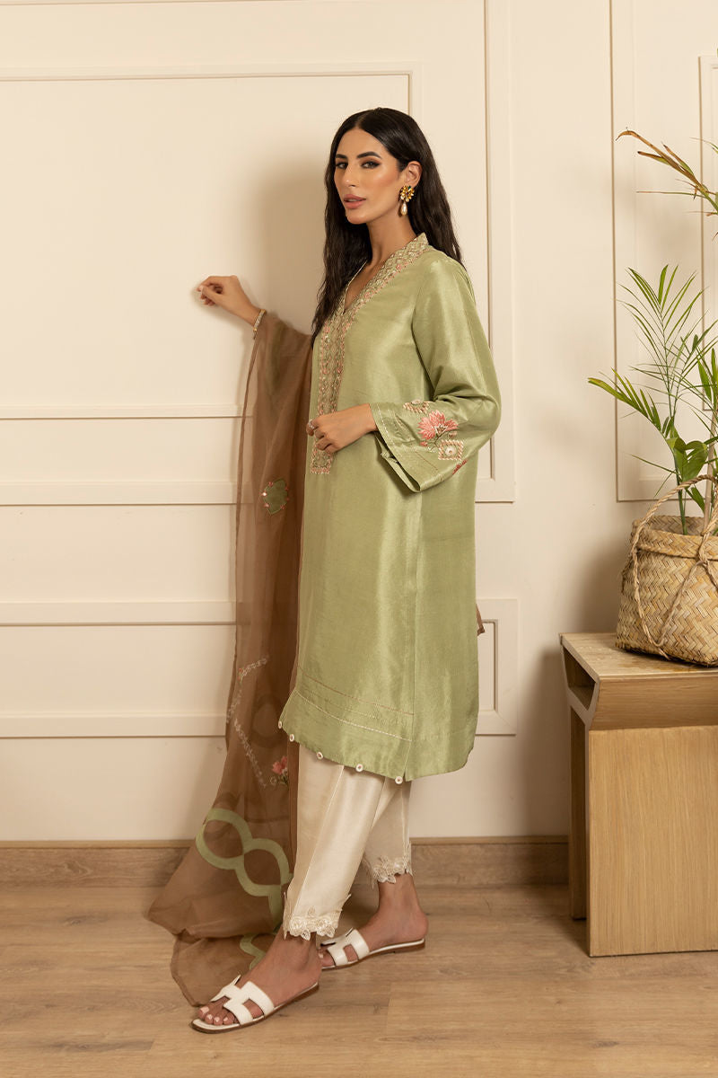 Pakistani Tea Green Embroidered Raw Silk Salwar Kameez (3-Piece) - Image 4